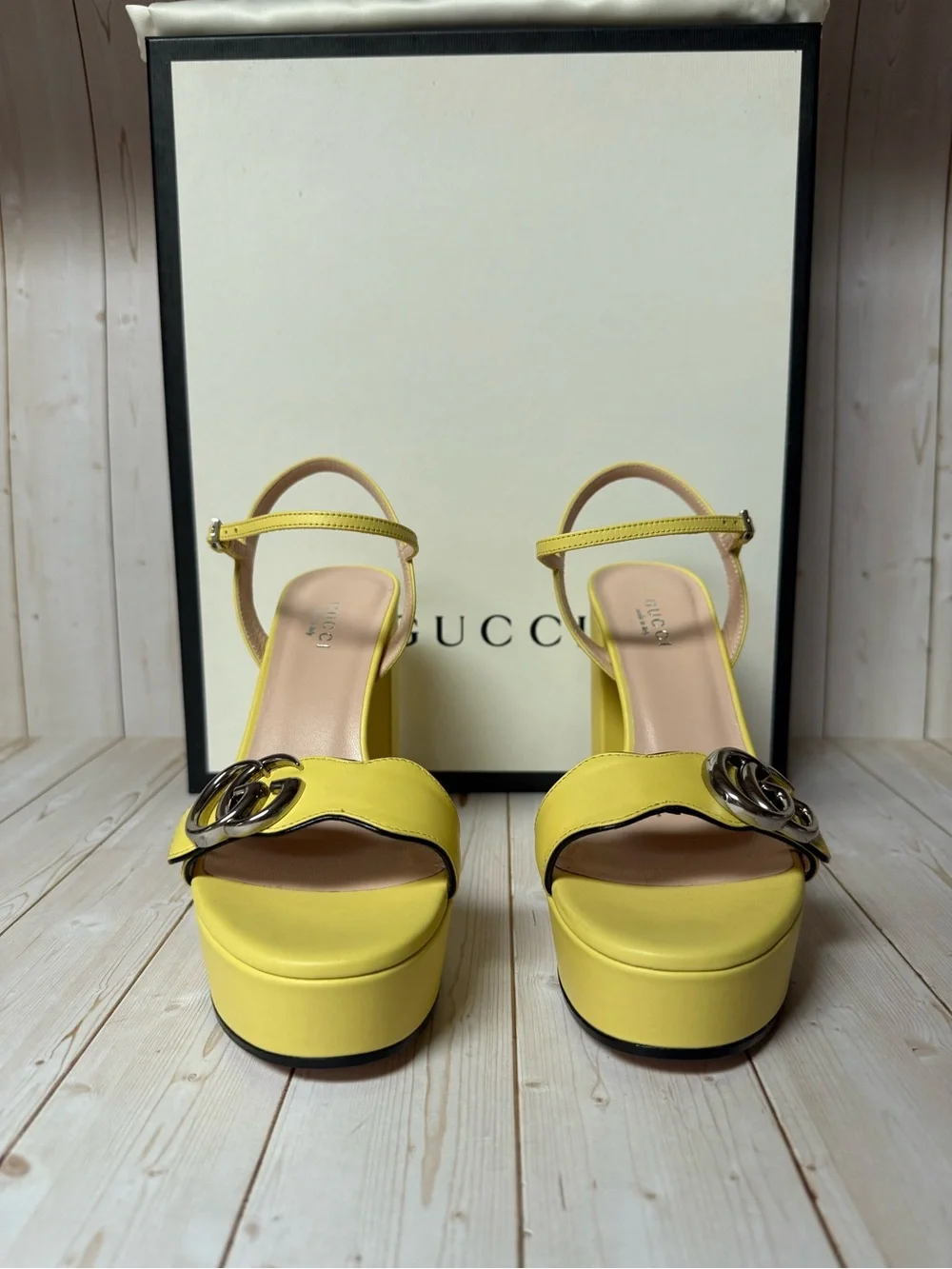 Gucci GG Marmont Leather Platform Sandal Banana Yellow Sz 36.5 / 6.5